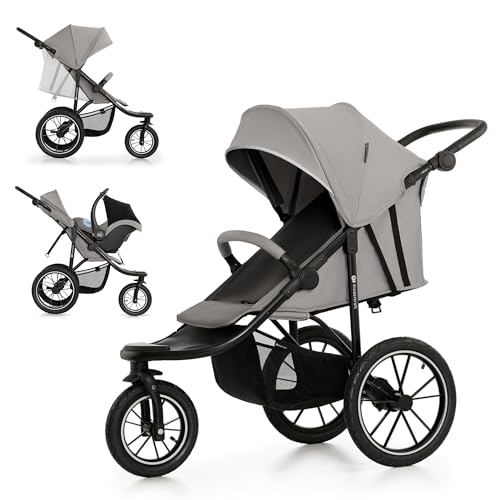 Kinderkraft HELSI 2 Buggy bis 27 kg, Buggy ab geburt, Laufkinderwagen mit große Luftreifen, Liegefunktion, Verstellbarer Elterngriff, Zusammenklappen, Untersitzkorb, Grau
