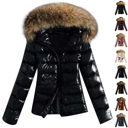 Winterjacke Frauen Glänzend Daunenjacke Slim Pufferjacke Mit Fellkapuze Glänzender Mantel Damen Kurz Steppjacke Glänzende Mäntel Wintermantel Faux Pelzkragen Oberbekleidung Ski Schwarz Braun 5xl 6xl