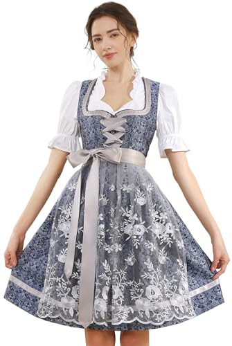 KOSMEEU Dirndl Damen Midi Trachtenkleid Oktoberfest Trachtenmode Trachten Trachtenrock Germandress inkl. Dirndl Dirndlschürze Dirndlbluse Blau 36