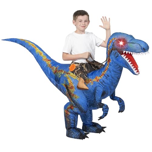 Spooktacular Creations Aufblasbares Dinosaurierkostüm für Kinder, T-Rex-Kostüm mit LED-Leuchtaugen zum Aufsitzen, digital bedruckte, luftaufblasbare Halloweenkostüme
