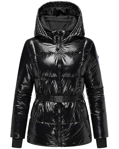 Navahoo Damen Winterjacke glänzende warme Steppjacke mit Taillengürtel Eisglanz 14 Black Gr. M