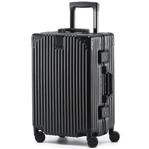 KOFA Geneva Handgepäck Koffer, 55cm Alu-Rahmen & Polycarbonat-Hartschale, Handgepäck Cabin Reisekoffer, Rollkoffer Spinner Carry-on mit 4 Rollen und doppelte TSA Schloss 35L (Schwarz)