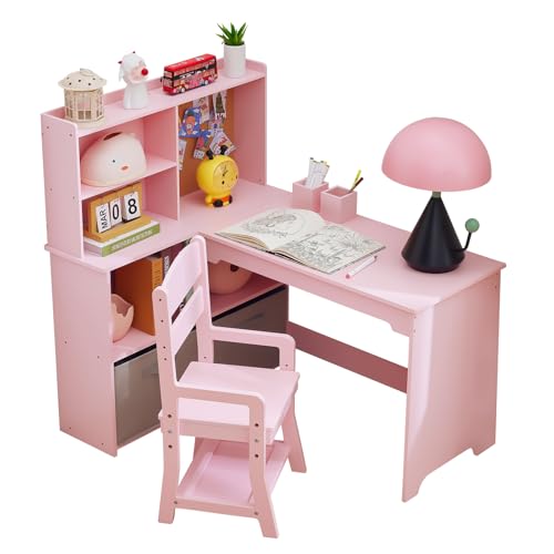 Thaookte Kinderschreibtisch Set, Schreibtisch Kinder Mit Stuhl Aus Holz, Schülerschreibtisch Mit Bücherregal, Schrank & Pinnwand, Jugendschreibtisch Für Kinder Ab 3 Jahren, Rosa