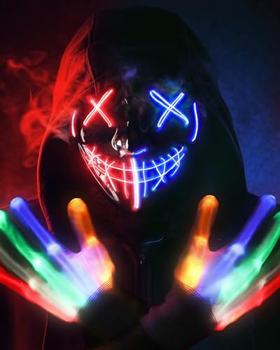 AnanBros Halloween kostüm, Horror Maske Totenkopf Handschuhe Kostüm, leuchten 6 Modi LED Glühhandschuhe, LED Scream Ghostface, Halloween kostüm for Herren Kinder Jungen Teenager