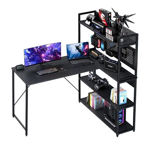 Yansee L-förmiger Schreibtisch, Gaming-Tisch mit Regal mit LED mit USB-Ladeanschluss,Type-c und Steckdose, 120 * 50 * 75.5cm Eckschreibtisch für Heimbüro für Homeoffice, Schwarz