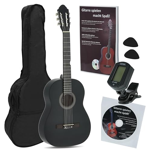 Juan Miguel Navarrez Konzertgitarre, klassische Gitarre, 4/4 schwarz, Starter Set (inkl. Tasche, Plektren, Buch mit CD, Stimmgerät)