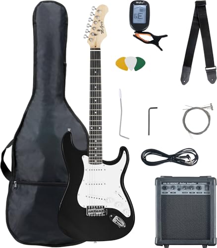 McGrey Rockit ST Komplettset E-Gitarre (8-teiliges Anfängerset mit Gitarre, Verstärker, Ersatzsaiten, Gitarrentasche, Stimmgerät, Plektren, Gurt und Gitarrenkabel) Schwarz