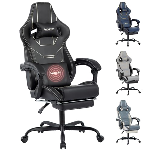 WOTSTA Gaming Stuhl Ergonomisch Gaming Chair Bürostuhl mit Fußstütze Racing Computerstuhl Höhenverstellbar Gepolstert Computerstuhl Lendenwirbelstütze Schwarz