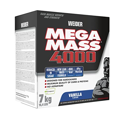 Weider Mega Mass 4000 - Weight Gainer Pulver mit 48g Protein & Kreatin pro Portion - Für Muskelaufbau & hohe Kalorienaufnahme - 7kg - Vanille