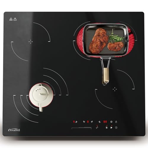 COVERCOOK 60cm Cerankochfeld, 4 Zonen Kochfelder mit Autark, Bräterzone, Slider-Bedienung, 9 Heizstufen, Kindersicherung, Einbau Glaskeramikkochfeld, 6700W