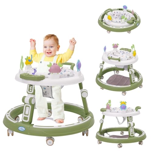 Multifunktionale Lauflernhilfe mit Musikspielzeug, Fußstütze, 360-Grad-Stummschaltung, 6 Räder, 360° Rotating Seat Baby Lauflernhilfen, zur Faltbar, für Babys ab 6 Monaten Geeignet,Grün