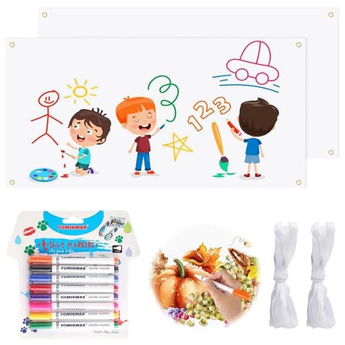 2 Set Groß Leeres Banner Selbst Gestalten - 180×60cm DIY Painting Blanko Lang Banner Personalisiert mit 2Pcs 6m Hängendem Seil und 8 Textilstifte in Verschiedenen Farben, Werbebanner für Partyfeiern