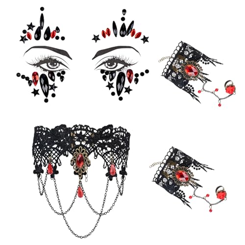 PAPU 4er Halloween Schmuck Set,Vampir Schmuck Gothic Spitze Halskette & Gesicht Edelsteine & Armbänder,Hexen Steampunk Lolita Vampir Kostüm Damen Accessoires für Halloween Karneval Maskerade (Rot)