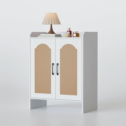 Mericonia Schuhschrank, 5-stöckiger Rattan-Schuhschrankmit 2 Holztüren, Eingangsbereich-Speicher, Stabiler Rattanholz-Schrank mit einstellbaren Regalen, für Wohnzimmer und Flur, Weiß