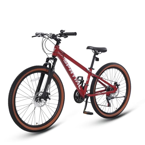 SPATIAL Mountainbike, 24/26/27,5/29 Zoll, Outdoor-Fahrrad, 21/8 Gänge, Aluminiumrahmen | Doppelscheibenbremsen, Verstellbarer ergonomischer Sattel für Männer, Frauen (Rot, 26 Zoll)
