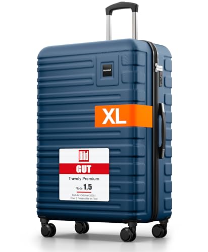 Travely Polycarbonat Koffer Groß 77cm XL - 100L Innenvolumen - 158cm Gurtmaß, sehr robuster Hartschalenkoffer mit sanften Rollen & TSA Schloss, Reisekoffer, Handgepäck Koffer, Reisekoffer mit Rollen
