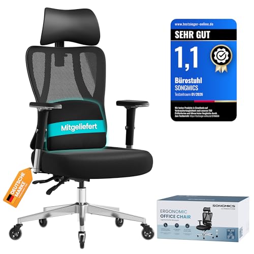 SONGMICS Bürostuhl ergonomisch, Schreibtischstuhl, Gaming-Stuhl, verstellbare Lenden-, Kopfstütze, Armlehnen, für Verschiedene Körpergröße, bis zu 150 kg belastbar, tintenschwarz OBN067BH01