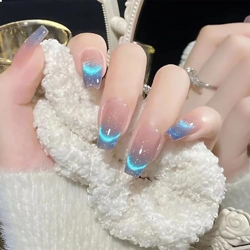 GlamRays 24Pcs Blaue Press on Nails Quadratische Form Falsche Nägel Ombré Sarg Falsche Nägel Samt Glitzer Vollumfängliche Klebernagel Glänzend Aufnageln Französische Spitzen Nägel
