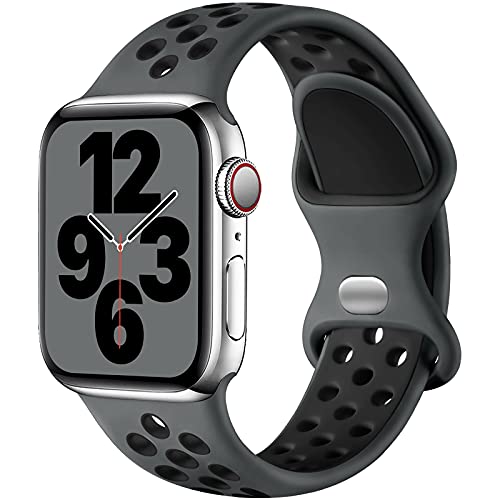 Upeak Sport Armband Kompatibel mit Apple Watch Armband 44mm 45mm 49mm 46mm 42mm 40mm 41mm 38mm, Atmungsaktiv Silikon Band für iWatch Series 11 10 9 8 7 6 5 4 2, SE 3, Ultra 3, L, Holzkohle/Kohlschwarz
