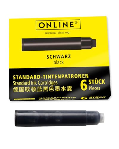 ONLINE Standard-Tintenpatronen, universelle Füller-Tinte, kompatibel mit allen gängigen Standard-Füllern, Ersatz-Patronen für Füllhalter und Rollerball, 6 Stück, Farbe schwarz