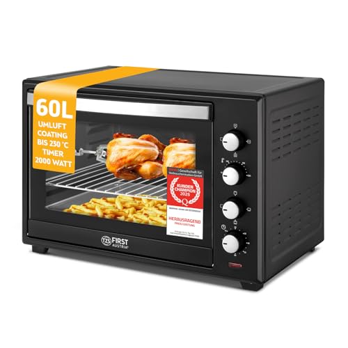 TZS First Austria - Minibackofen 60L 2000W - Mini Backofen Pizzaofen Temperaturregelung bis 230°C & 6 Modi - Geräumiger Miniofen mit 60 Min. Timer, 4 Einschubhöhen, Backblech, Grillrost & Drehspieß