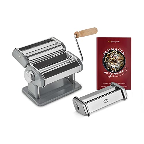 SPRINGLANE Manuelle Nudelmaschine Nonna, Edelstahl, Pastamaker inkl. Rezeptheft, Nudeltrockner, Linguineaufsatz & 3 Schneideaufsätze für Spaghetti, Lasagne, Tagliatelle - Grau