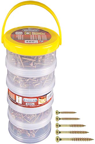 Connex Universalschrauben-Sortiment 480-teilig - Diverse Größen in Stapelbox - Senkkopf - TX-Antrieb - Voll- & Teilgewinde - Gelb verzinkt / Schrauben-Set / Schrauben-Box / B30305, TX Torx-Antrieb