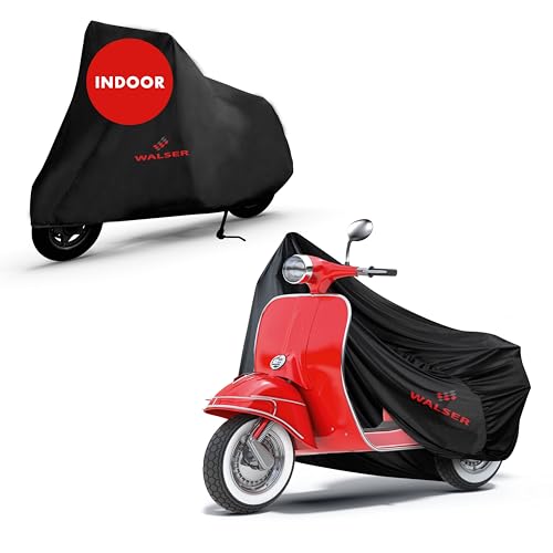 WALSER Indoor Motorrad Abdeckplane, 100% passende Vespa Abdeckplane Indoor Stretch, Motorradgarage Innenbereich, Roller Abdeckung Winterfest, Motorradabdeckung, Vespa Zubehör schwarz S 185x90x110 cm