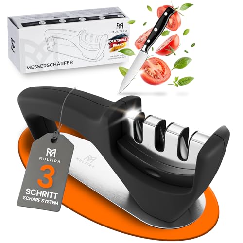 Messerschärfer | Messerschleifer 3-Stufen für Küchenmesser, Stahl- und Keramikklingen | rutschfeste Silikonunterlage | Schärfkopf herausnehmbar | für Haushalt und Profis | ergonomischer Griff |