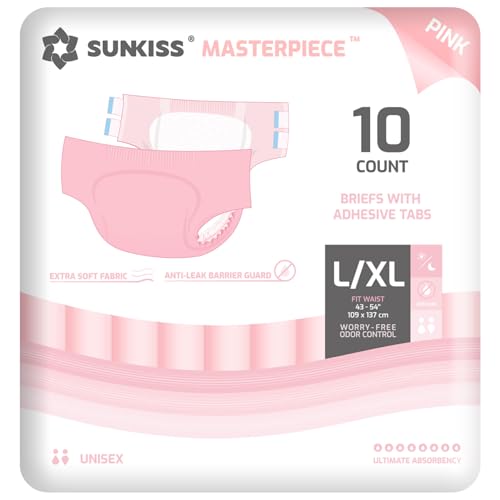SUNKISS Masterpiece Windeln für Erwachsene mit ultimativer Saugfähigkeit, Einweg Inkontinenz Slips für Männer und Frauen, mit Tabs, Auslaufschutz bei Blasenschwäche, Rosa, Größe L/XL, 10 Stück