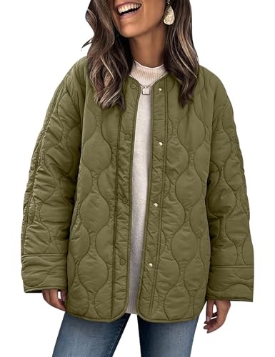 PEHMEA Damen Oversized Leichte Steppjacke Knopfleiste Herbst Winter Mäntel Puffer Gepolstert mit Taschen, Grün , XL