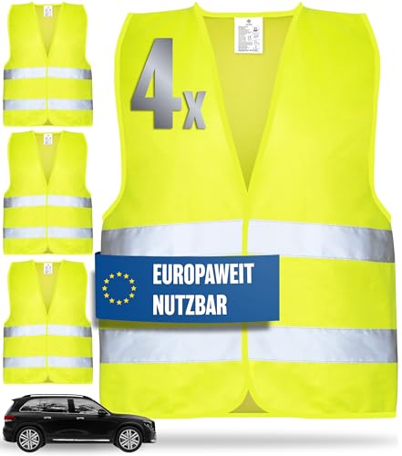 HELDENWERK Warnwesten Auto 4er Set Europaweit gültig nach aktueller Norm 2026 EN ISO 20471 - Reflektierende Warnweste Auto - Sicherheitsweste Gelb - Warnschutzweste - Auto Warnweste für Erwachsene