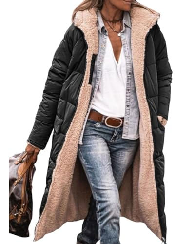 Wintermantel Damen Lang Winterjacke Elegant Puffer Jacke Warm Gefüttert Winterparka Winter Mantel Parka Steppmantel Reißverschluss Daunenmantel mit Kapuze Pufferjacke und Taschen Elegante für Herbst
