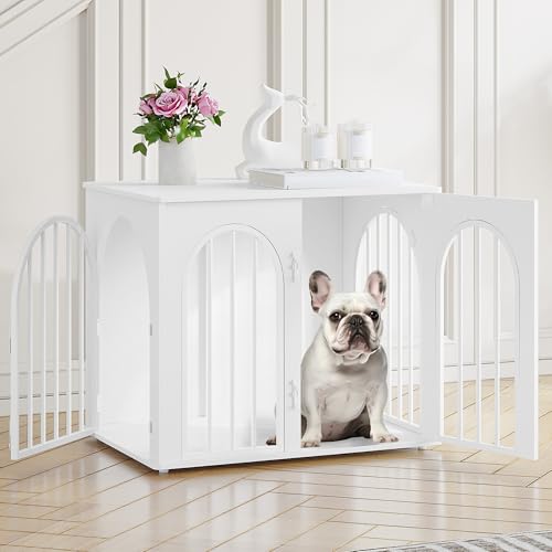 Hzuaneri Hundekäfig Möbel, 68cm Hundebox für Zuhause, 3 Türen, Bogentür, Moderne Hundebox Indoor für Hunde, Beistelltisch, Hundekäfig Hochbelastbar, 68 x 49 x 56 cm, Weiß DFC85513W
