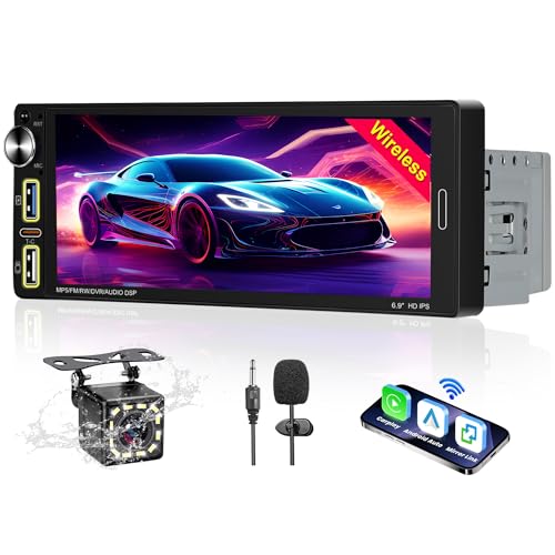 Bluetooth Autoradio 1DIN kompatibel mit Wireless CarPlay und Android Auto, 6.9’‘HD Touchscreen Player, Mirror Link/FM/AM/RDS Radio/Bluetooth Freisprecheinrichtung/Typ C/Mikrofon mit Rückfahrkamera