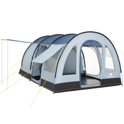 CampFeuer Zelt TunnelX für 4 Personen | Grau/Blau | Tunnelzelt mit 3 Eingängen, 5000 mm Wassersäule | Vernähte Bodenplane, Moskitonetz, Sichtschutz | Gruppenzelt, Campingzelt, Familienzelt