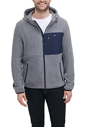Tommy Hilfiger Herren Hooded Performance Fleece Jacket Jacke, Hellgrau/Marineblau, gemischte Medien, XXL