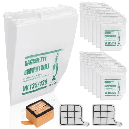 12 Staubsaugerbeutel für Vorwerk Kobold VK135 VK136 Mit 2 Motorschutzfilter +1 Hygienefilter, Premium Zubehör-Set für VK135/136 FP135/136 Vorwerk Staubsauger