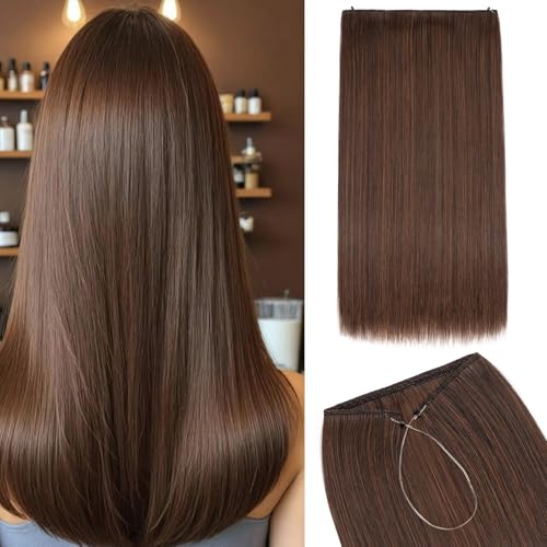 Silk-co Haarverlängerung mit Gummiband, Glatte Extensions mit unsichtbare Schnur, Synthetisch Haarteil wie Echthaar, Haarverdichtung Haar Extensions für Frauen, Dunkelbraun & Mittelbraun, 50cm