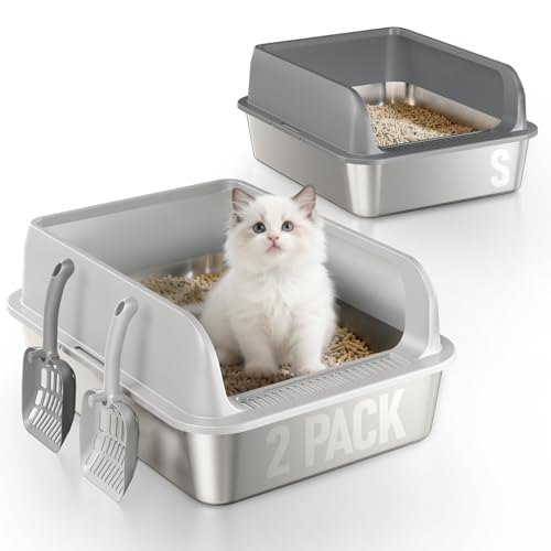 2 Pack Katzenklo Edelstahl Gehege mit Deckel, große Katzentoilette aus Edelstahl, Katzenklo Mit Hochwandigem Seitengehäuse, Nicht-Klebrig, Auslaufsicher & Einfach zu Reinigen, nklusive Schaufel, S