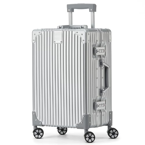 KOFA Zurich Handgepäck Koffer, 55cm Alu-Rahmen & Polycarbonat-Hartschale, Handgepäck Cabin Reisekoffer, Rollkoffer Spinner Carry-on mit 4 Rollen und doppelte TSA Schloss 35L (Silber)