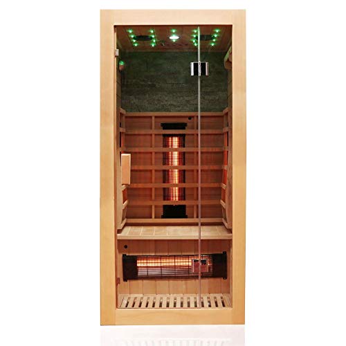 Dewello® Infrarotkabine Infrarotsauna MILTON 90x90 für 1 Personen aus Hemlock Holz mit Vollspektrumstrahler, LED-Farblicht Sternenhimmel und Steinwand, Bluetooth, FM,MP3,USB