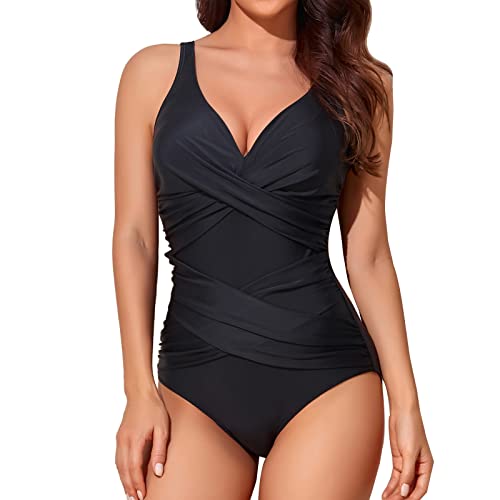 Smismivo Badeanzug Damen Bauchweg Push Up Shape Schwimmanzug mitBügel Retro Schlankheits Raffung Einteilige Bademode Swimsuits for Women One Piece Swimming Suits Badekleid (schwarz schwarzer)