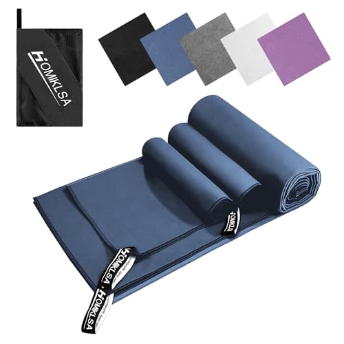 HOMIKLSA Mikrofaser Handtuch 3 Set - Groß 200×100cm & 2 Klein 80×40cm, Schnelltrocknend Microfaser Sporthandtuch, für Reisehandtuch, Badetuch, Fitness & Sport Handtücher und Strandtuch (Dunkelblau)