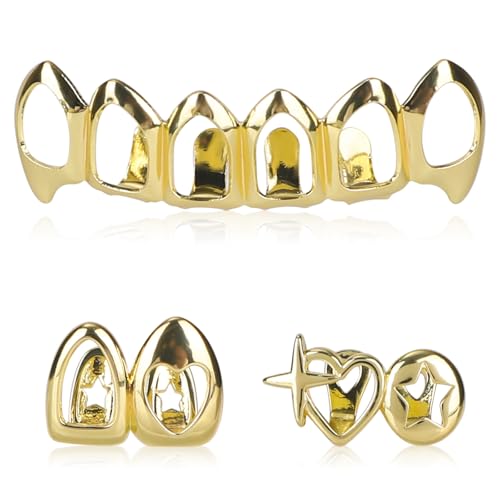 Mikovivi 3stk Gold Grillz Set, Hip Hop Zahn Schmuck Vergoldung Zahnkappen für Oben & Unten Herausnehmbare Falsche Grills für Frauen Männer Halloween Party Cosplay Mode Geschenk