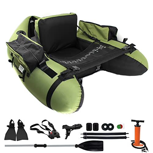 byhsports Professional Schlauchboot, Bellyboot zum Raubfischangeln, 158 kg Tragfähigkeit Angelboot -inkl. Pumpe, Verstellbare Rucksackgurte, Aufbewahrungstaschen, Fischlineal(Grün)