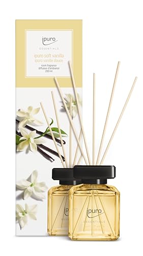 ipuro - Essentials Raumduft SOFT VANILLA 200ml | Raumerfrischer mit Vanille, Sandelholz, Lakritz, Pfirsichblüte & Karamell Duft Aroma | Diffuser mit Stäbchen | Lufterfrischer für die Wohnung