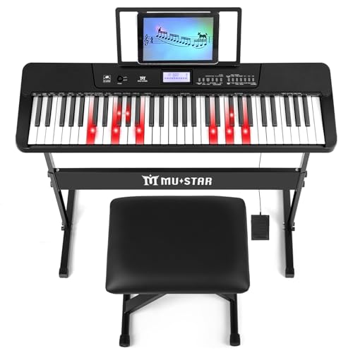 MUSTAR 61 Key Lighting Keyboard Piano, mit Touch Funktion, Digital Piano Keyboard für Anfänger, E Piano mit Intelligentem Unterricht, Klavierständer, Klavierhocker, Kopfhörer und USB Funktion, Tragbar