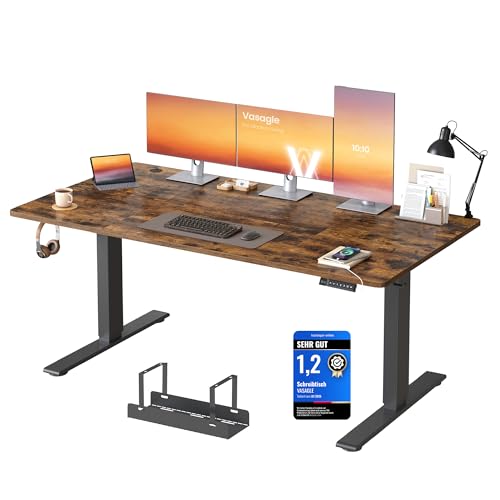 VASAGLE Höhenverstellbarer Schreibtisch, 160 x 80 cm, USB-C-Anschluss, Ablage für Steckdosenleiste, Stehtisch, Erinnerung bei langem Sitzen, 3 Speichertasten, für Büro, vintagebraun LSD146KD02