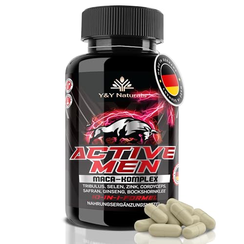 Männer Testosteron¹ Kapseln – 10-in-1 Komplex mit Maca 20:1, Tribulus, Bockshornklee, Zink, Selen & Safran | Active Men | Vegan, Laborgeprüft, Made in Germany | Alternative zu Ashwagandha